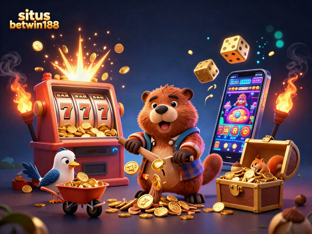 Situs betwin188 brings excitement alive with a playful 3D cartoon scene featuring a beaver, bird, and squirrel amidst vibrant casino elements.
