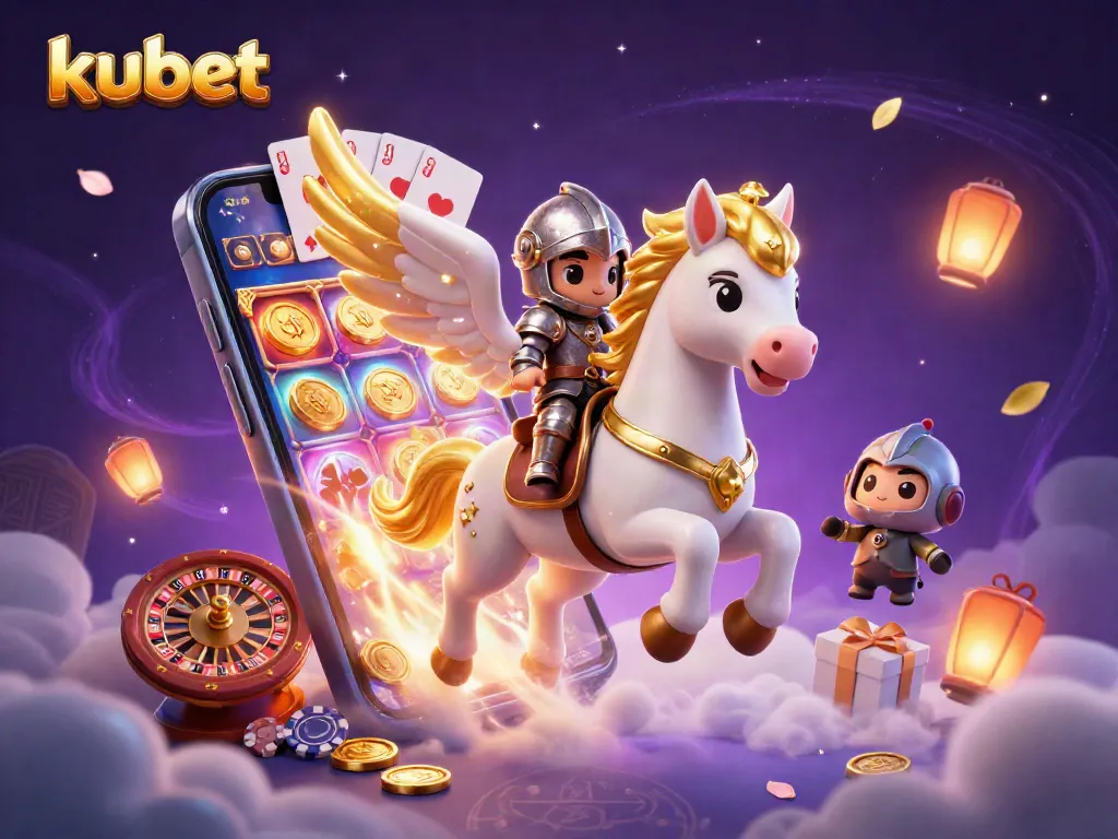 Spin slots and win at kubet casino with a magical white horse galloping through clouds.