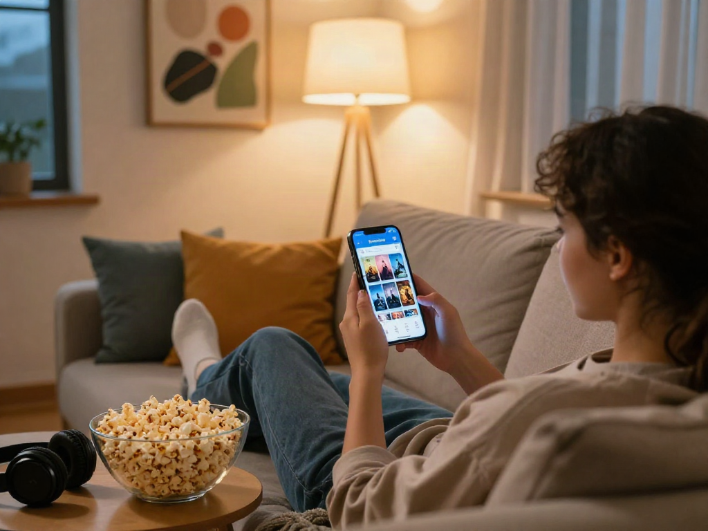 Enjoying the Moviebox apk on a smartphone in a cozy living room.