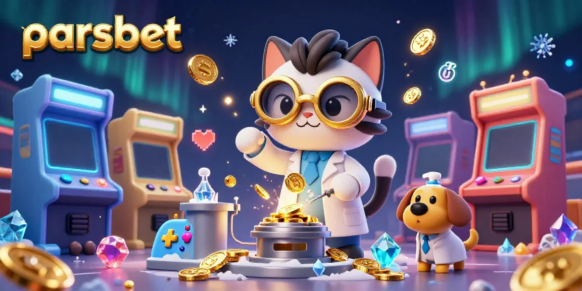 Parsbet ile kedi bilim adamı ve köpek yardımcı, altın madeni yaratma makinesinin etrafında eğlenceli bir casino sahnesi.