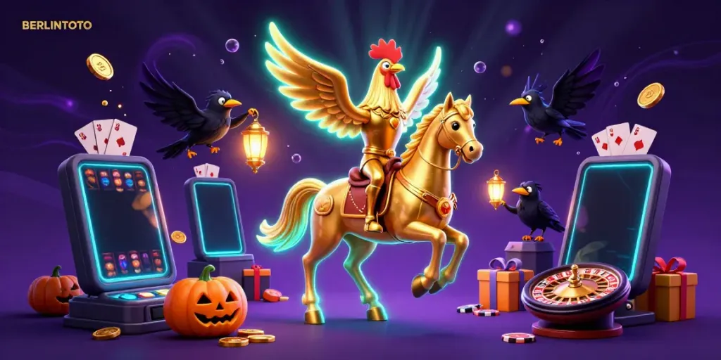 Experience the excitement of winning with BERLINTOTO and a golden rooster amidst a vibrant casino scene.