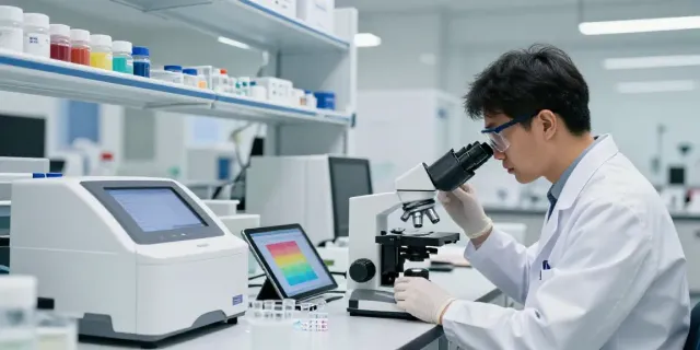 Scientist examining swisschems peptides in a laboratory with advanced analytical equipment