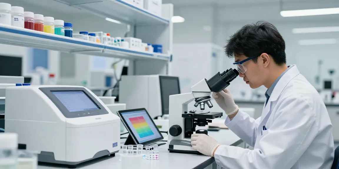 Scientist examining swisschems peptides in a laboratory with advanced analytical equipment