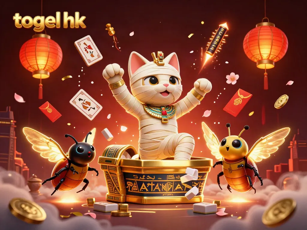 Gacor togel hk menampilkan kucing mummy 3D dan scarab dengan permainan kartu hijirglif di kasino piramida.