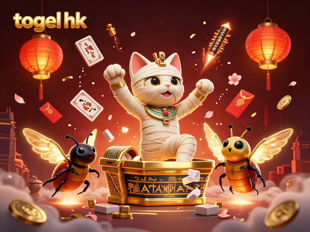 Gacor togel hk menampilkan kucing mummy 3D dan scarab dengan permainan kartu hijirglif di kasino piramida.
