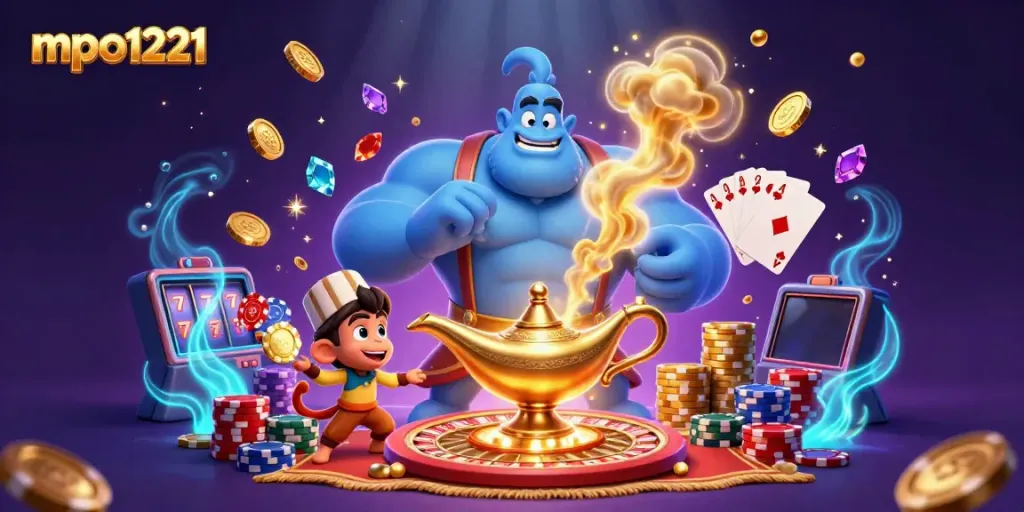 Experience the magic of mpo1221 with a dynamic scene featuring a genie, monkey, and casino elements.