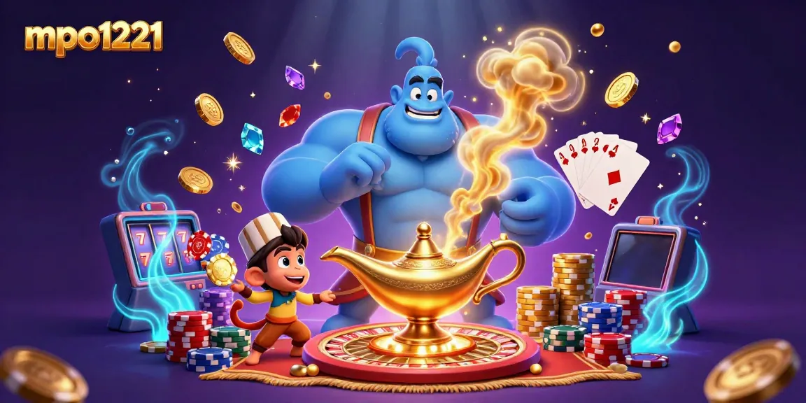 Experience the magic of mpo1221 with a dynamic scene featuring a genie, monkey, and casino elements.