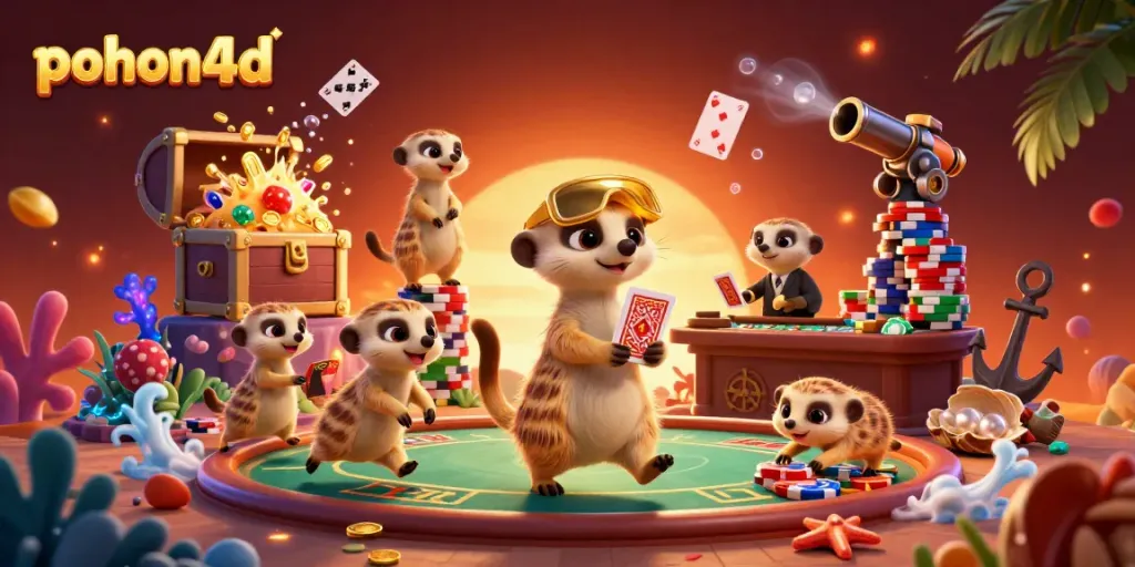 Pohon4d showcases a vibrant casino scene with meerkats managing games dynamically, embodying thrilling action.