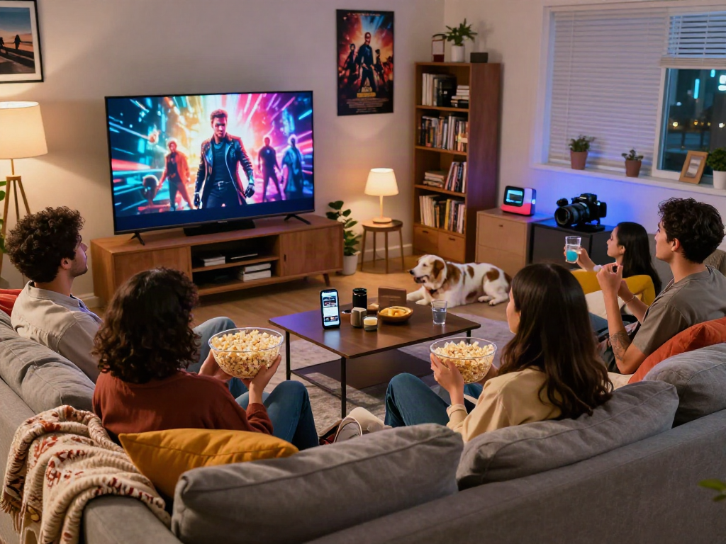 Friends enjoying movie night using the Moviebox app on a cozy living room sofa