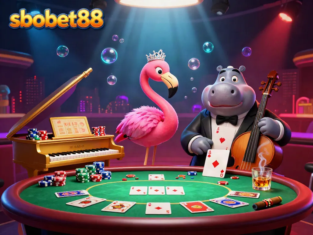 Experience vibrant gameplay with sbobet88 in this dynamic casino scene featuring a flamingo singer and hippo bassist.