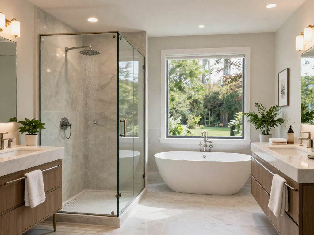 Modern bathroom remodeling in Bellevue WA featuring a chic walk-in shower and freestanding tub.
