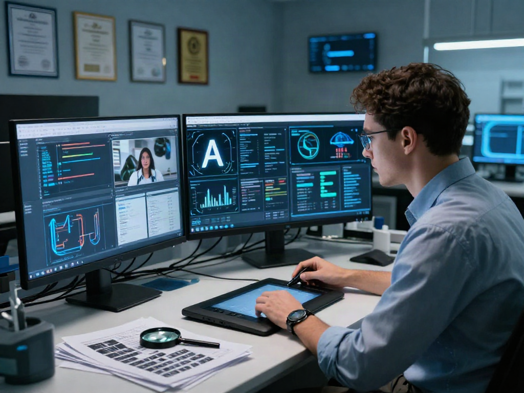 AI Image Detection analysis in a high-tech lab with modern tools.
