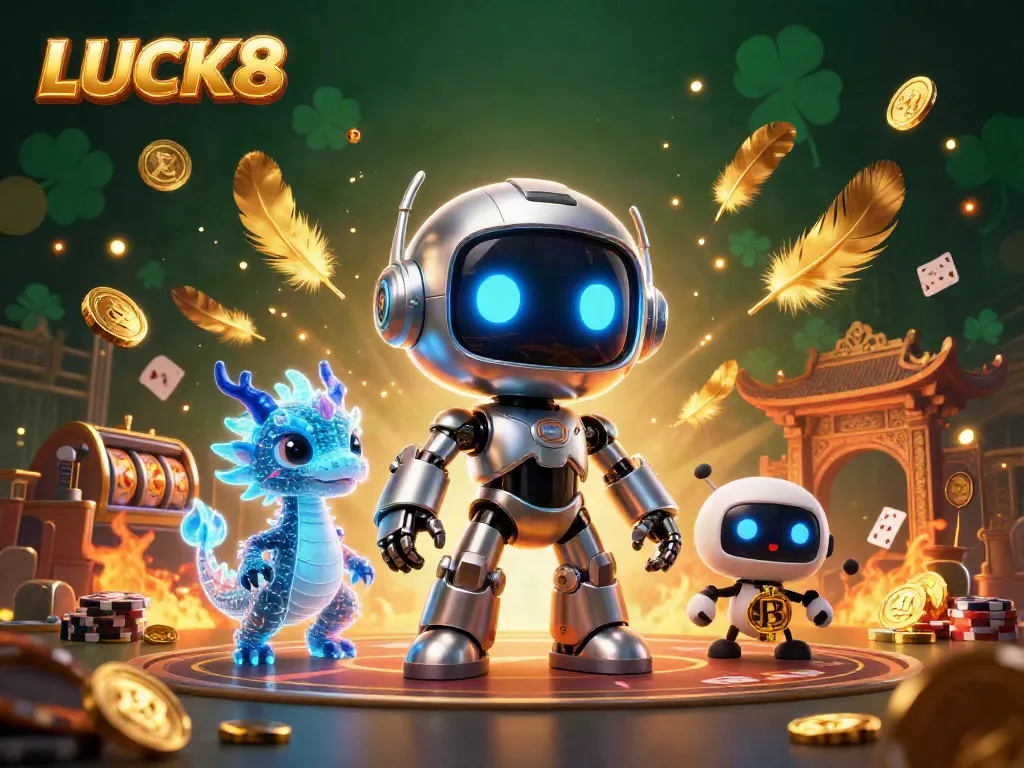 Experience thrilling LUCK8 casino visuals with a vibrant illustration of a cyberpunk robot, holographic dragon, and bitcoin drone.