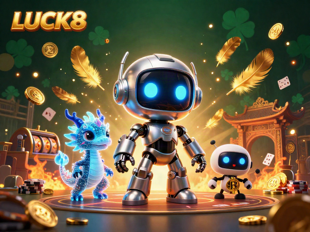 Experience thrilling LUCK8 casino visuals with a vibrant illustration of a cyberpunk robot, holographic dragon, and bitcoin drone.