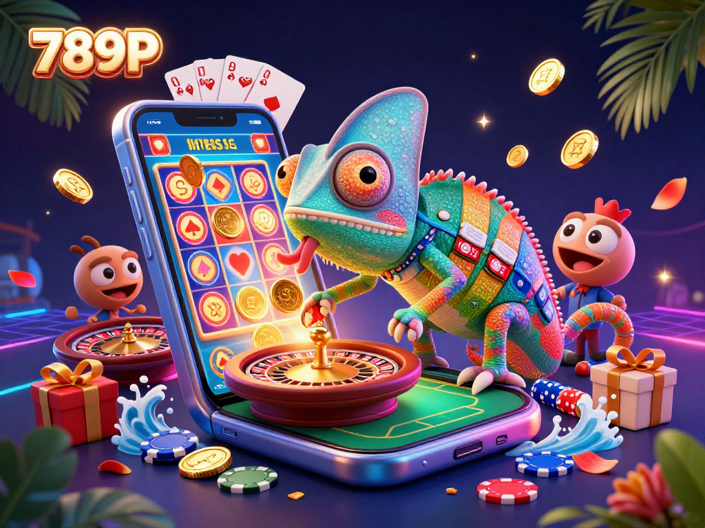 Experience the vibrant casino atmosphere at 789P with a dynamic chameleon casino owner and lively game elements.