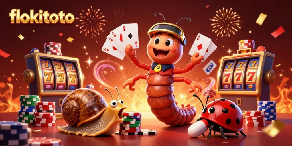 Experience the vibrant thrill of gambling with flokitoto's lively casino scene featuring a millipede dealer and players.