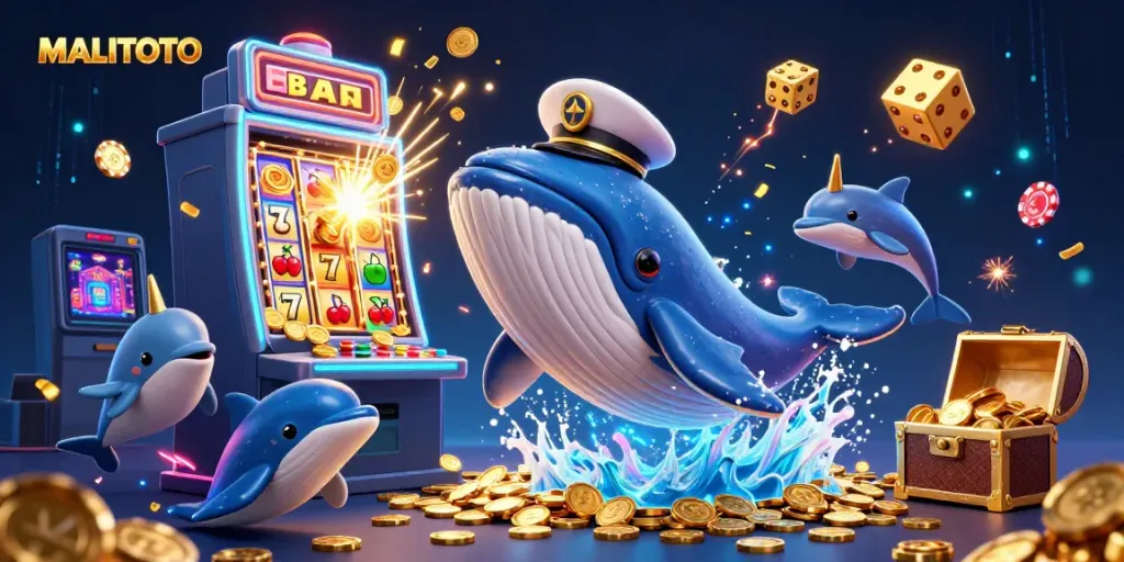 MALITOTO features a giant 3D whale breaching through coins alongside playful dolphins and slot machines.