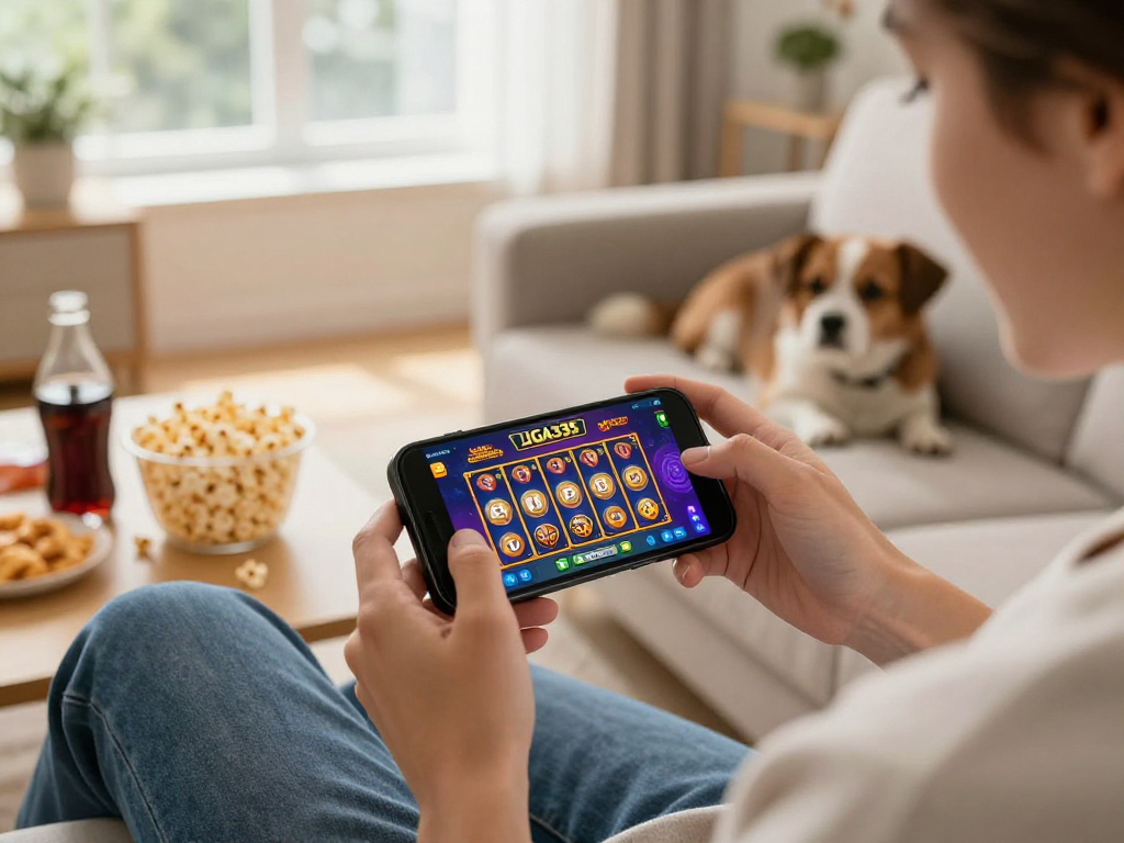 Pengguna bermain aplikasi iga 335 di smartphone dengan suasana rumah yang nyaman.