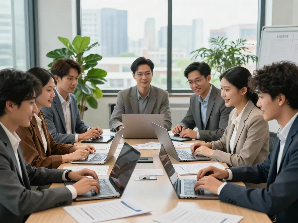Job seekers collaborate to find หางาน opportunities in a vibrant office setting.