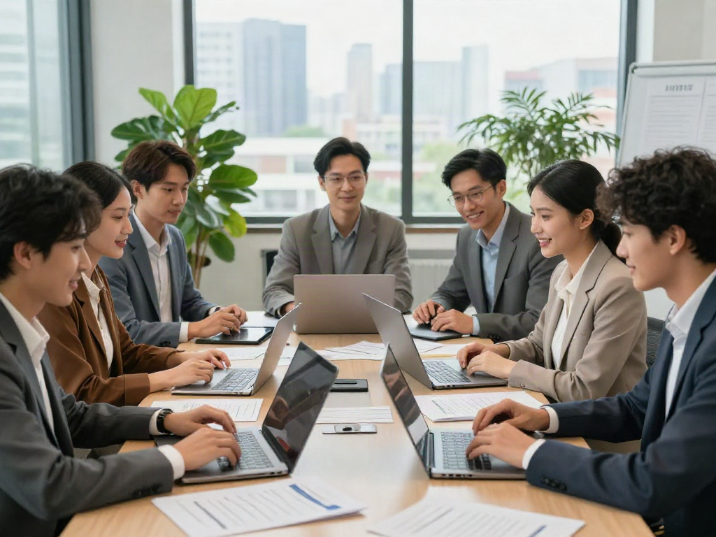 Job seekers collaborate to find หางาน opportunities in a vibrant office setting.