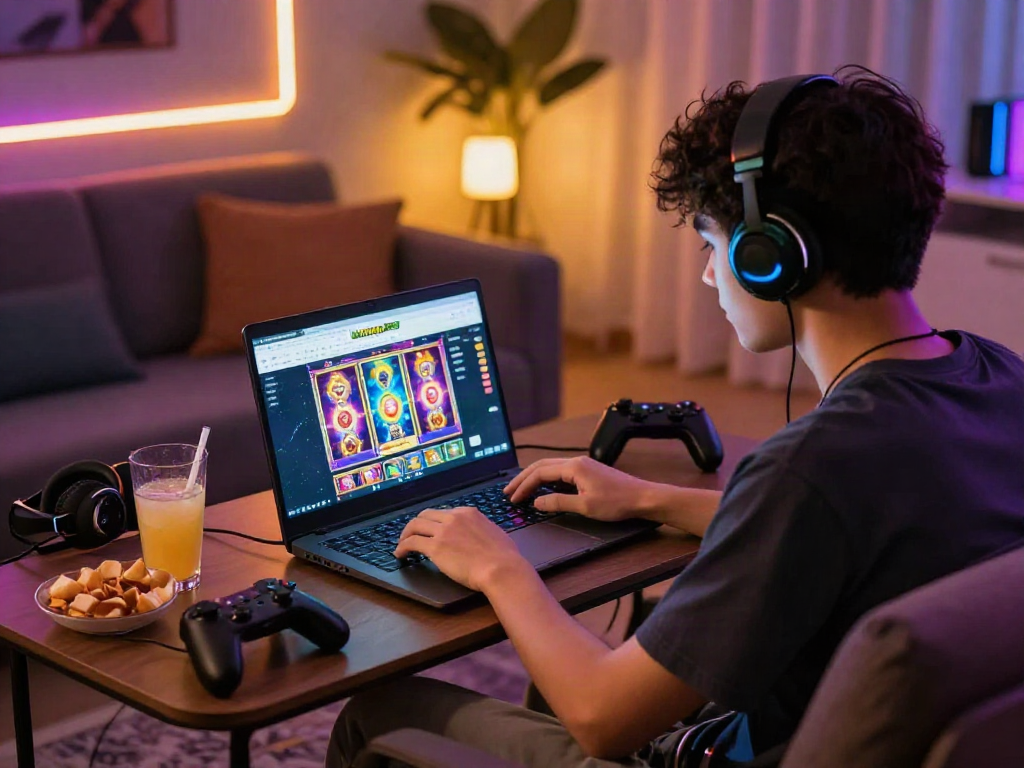 Engaged player enjoying slot gacor thailand games on MAHJONGJP88 in a cozy living room.