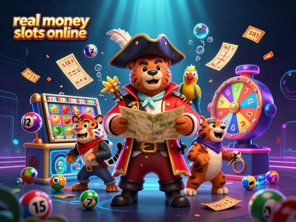 Spin real money slots online with a cartoon pirate bear and treasure elements in a vibrant casino setting.