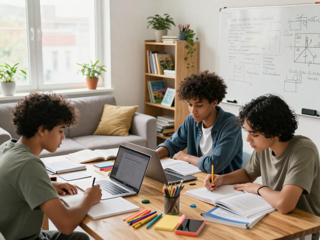 Three students engaging in tuition classes near me in a cozy study space, working collaboratively with books and laptops.