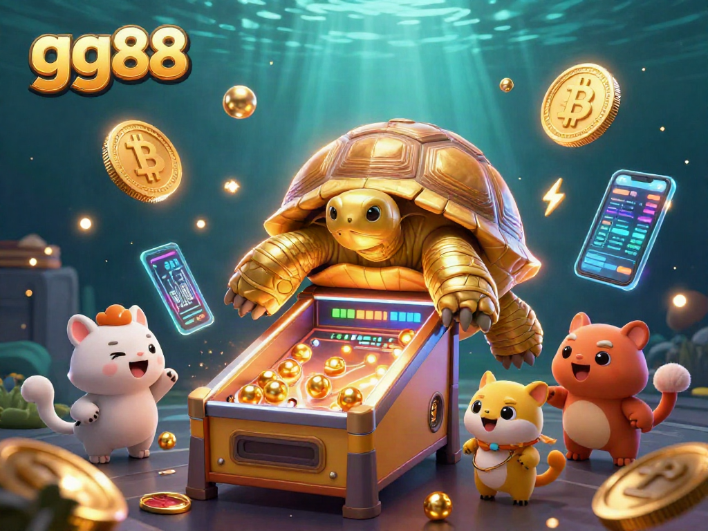 Enjoying the thrilling gg88 experience with a golden tortoise pinball machine and crypto coins.