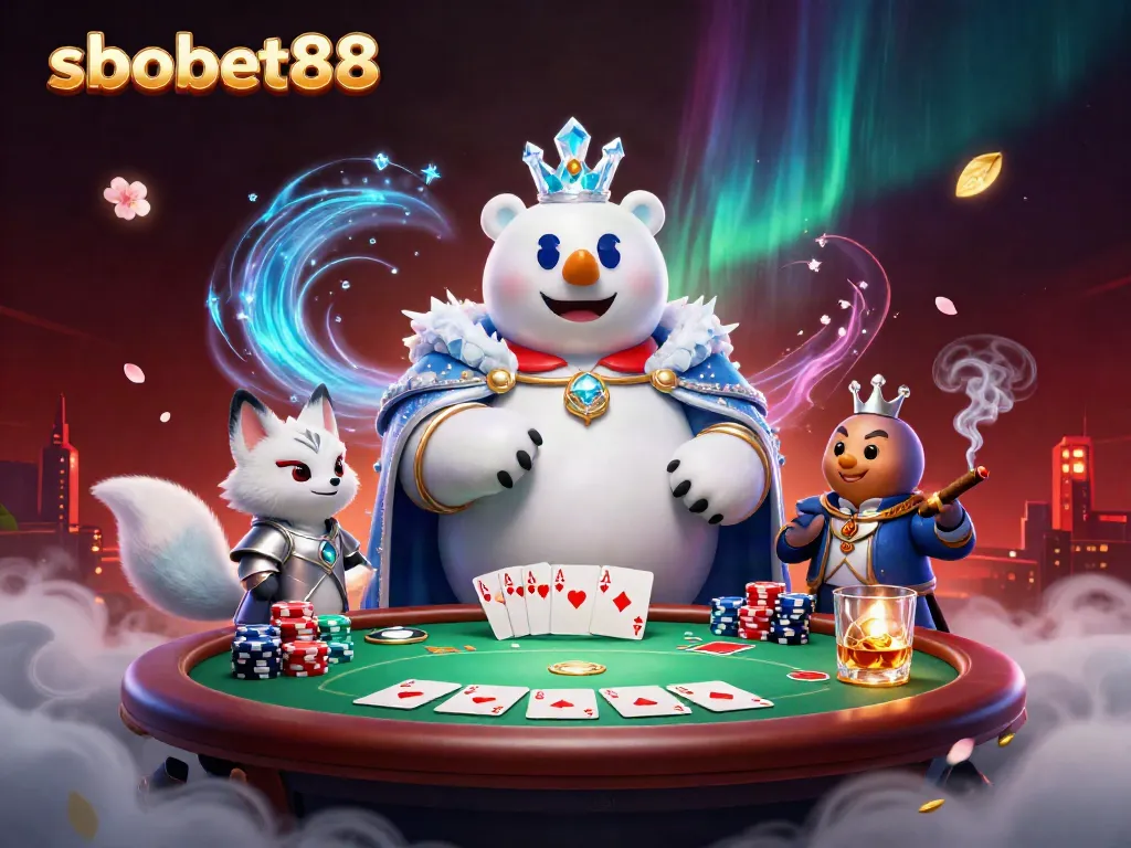 Bet on sbobet88 with 3D characters in a vibrant poker scene full of energy and casino elements.