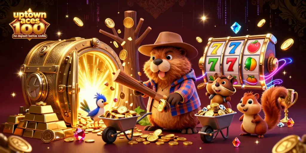 Experience the magic of uptown aces casino 100 no deposit bonus codes with golden coins raining down in a vibrant scene.