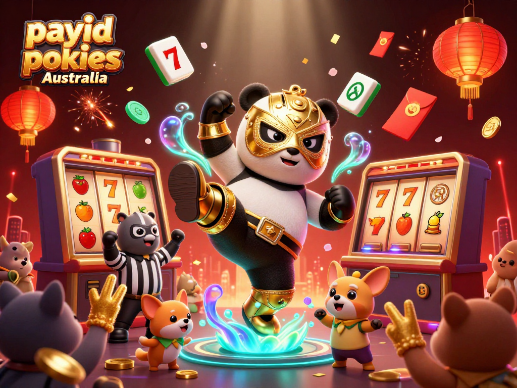 Engage with thrilling payid pokies Australia, showcasing a vibrant 3D wrestling scene filled with animated gaming elements.