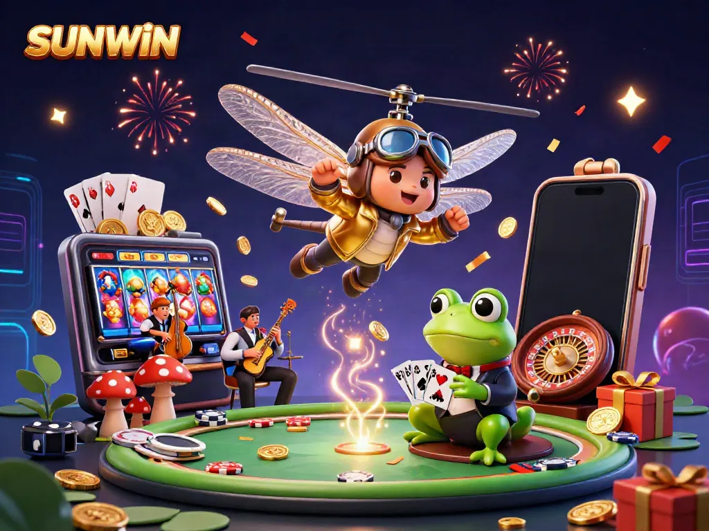 SUNWIN showcases a dynamic casino scene featuring a dragonfly pilot, frog croupier, and jazz musicians amidst vibrant gaming elements.