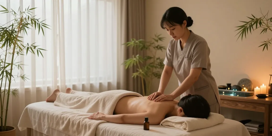 Relaxing 김포출장마사지 scene in a tranquil spa environment with essential oils and soft lighting.