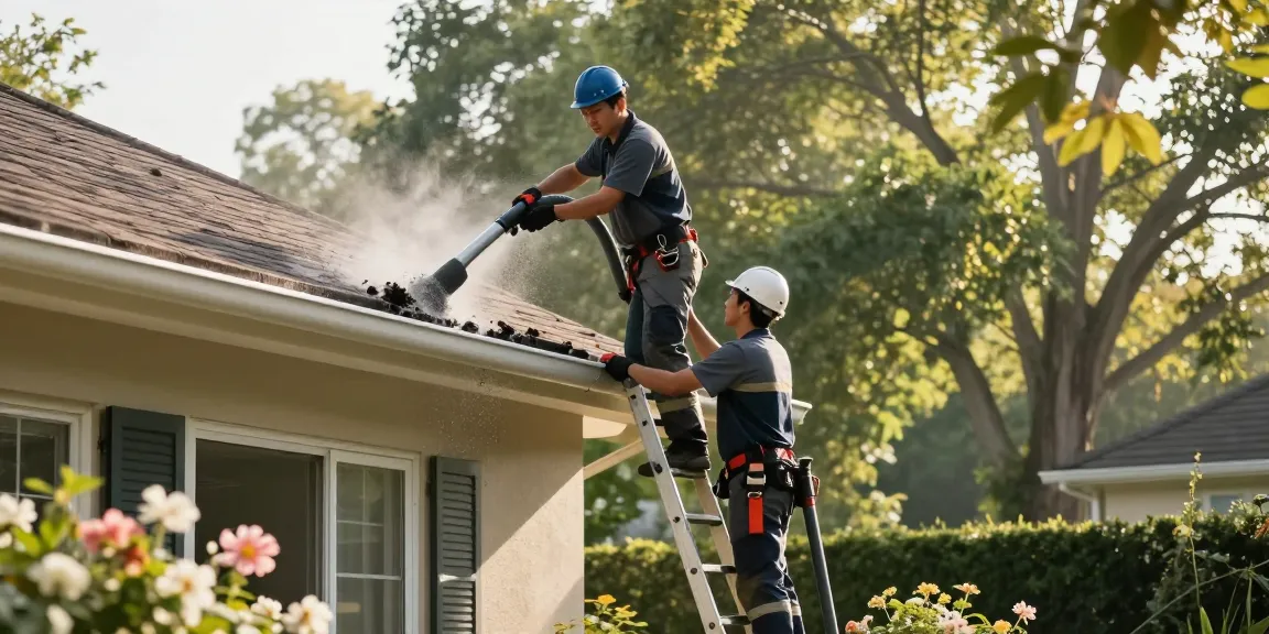 Spokane gutter cleaning service in action, team members removing debris from residential gutters with safety gear.