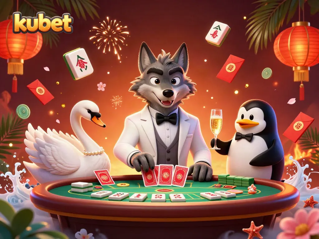 Kubet offers vibrant casino action with a cartoon wolf, swan dealer, and penguin sommelier in a dynamic scene.