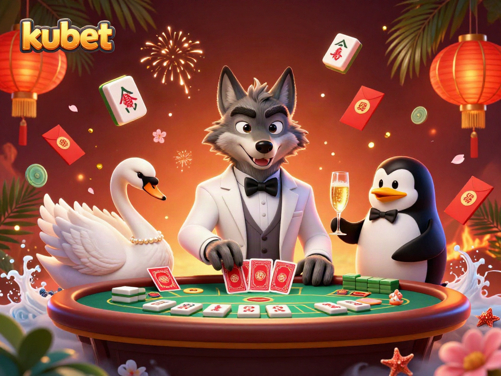 Kubet offers vibrant casino action with a cartoon wolf, swan dealer, and penguin sommelier in a dynamic scene.