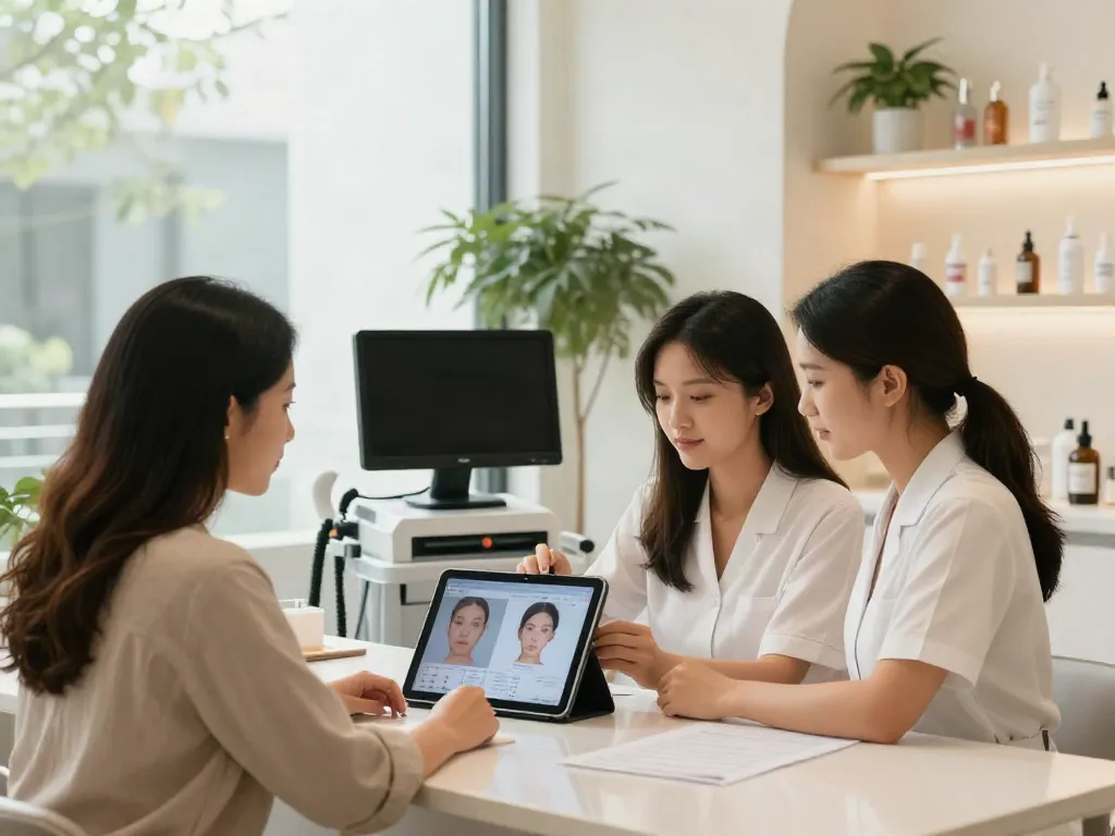 Exploring alternatives to QOVES with a beauty consultant in a modern clinic.