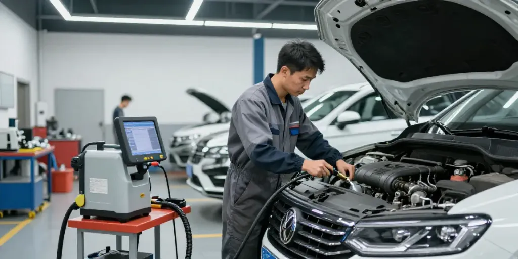 DPF reinigung hannover in a professional automotive garage, technician cleaning diesel vehicle's DPF.