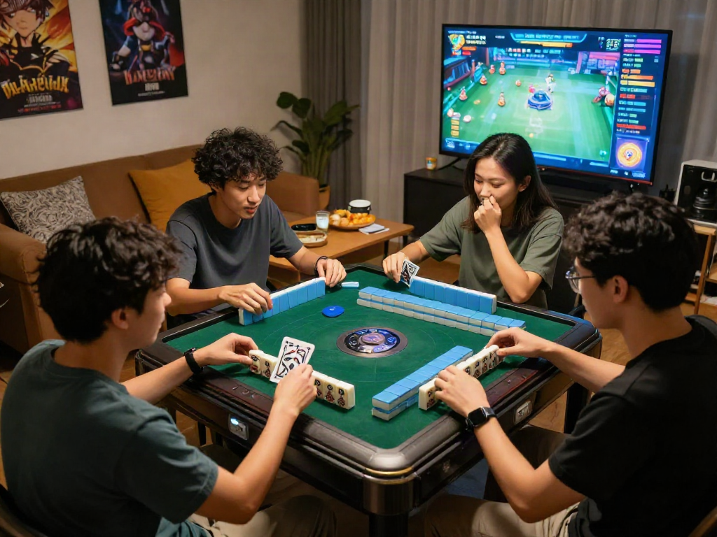 Exciting MAHJONGJP88 Official gaming night with friends in a cozy living room, capturing strategic moves and vibrant UI.