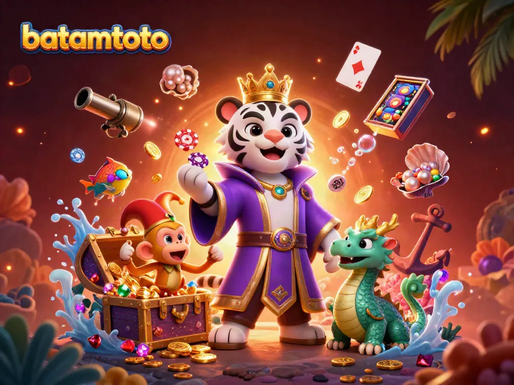 Engaging batamtoto casino scene featuring a royal tiger, jester monkey, and jade dragon amid vibrant treasures.