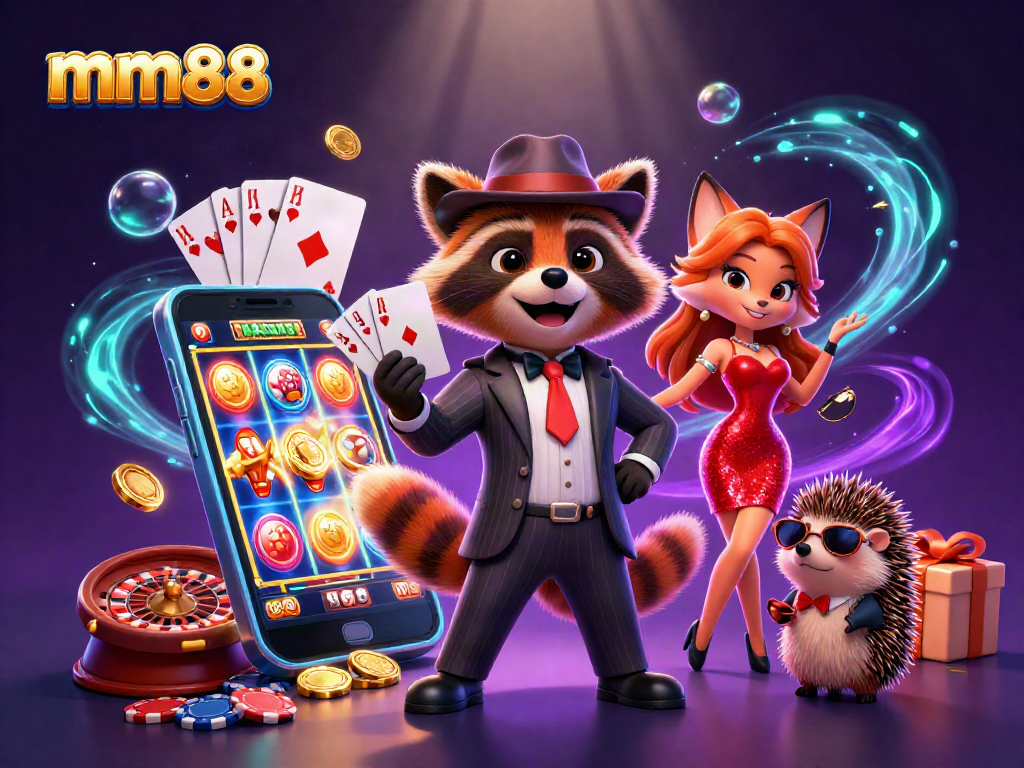 Engage with mm88 excitement captured in a vibrant 3D casino illustration featuring playful characters and gaming elements.