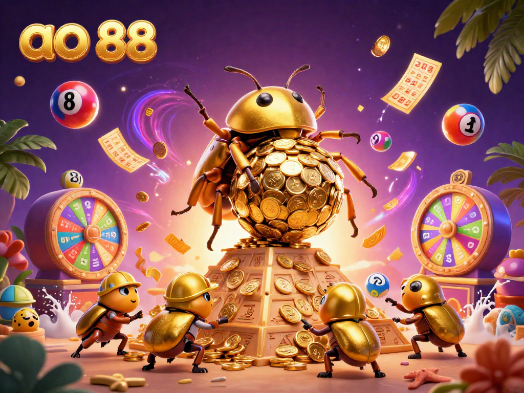 Engage with ao 88's vibrant online casino through this dynamic illustration of a golden beetle rolling coins.