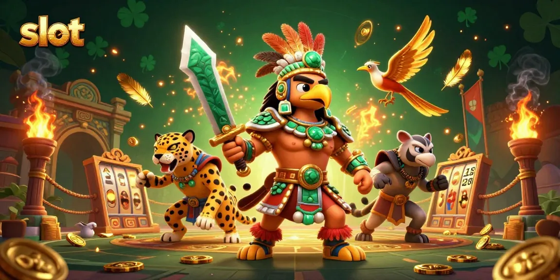 Spin exciting slot games with a vibrant Aztec warrior scene featuring golden coins and dynamic reels.