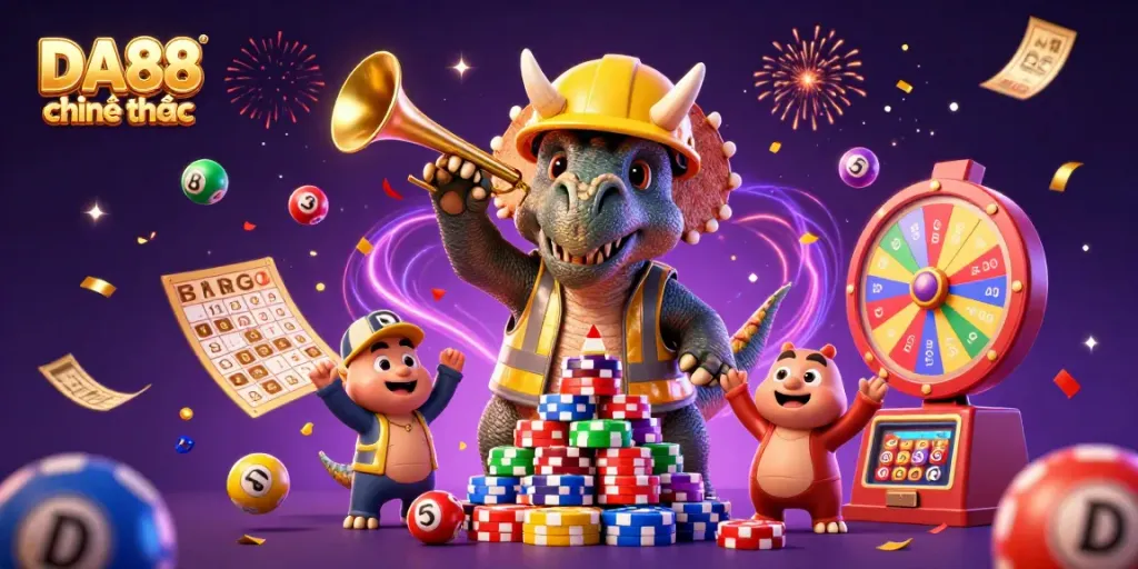 Celebrate winning at DA88 chính thức with vibrant 3D casino characters and lottery elements.