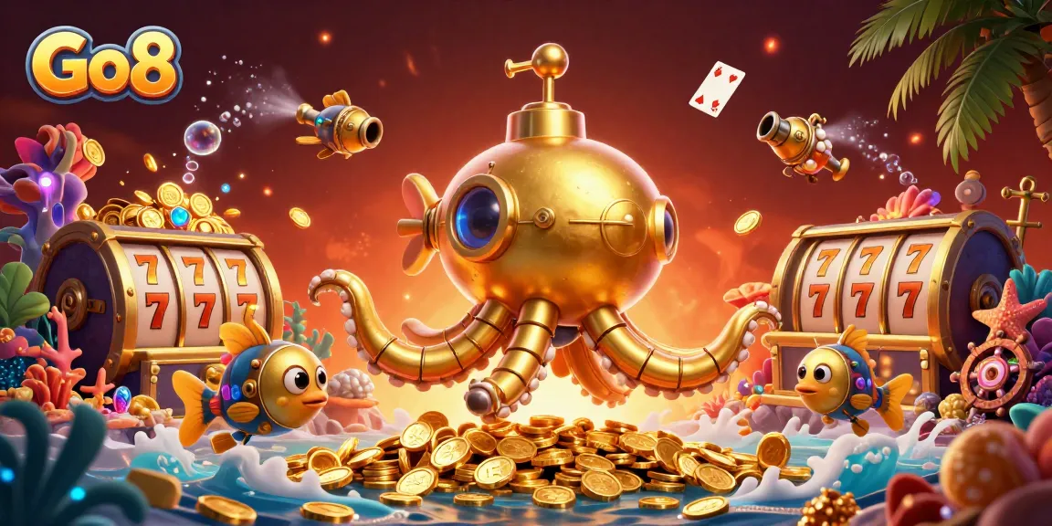 Engage in thrilling gameplay at Go8, where the golden kraken submarine emerges amidst rich treasures and vibrant casino elements.