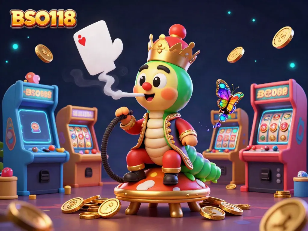 Engage with BSO118's vibrant casino atmosphere featuring a giant caterpillar blow smoke rings, slot reels and arcade machines.