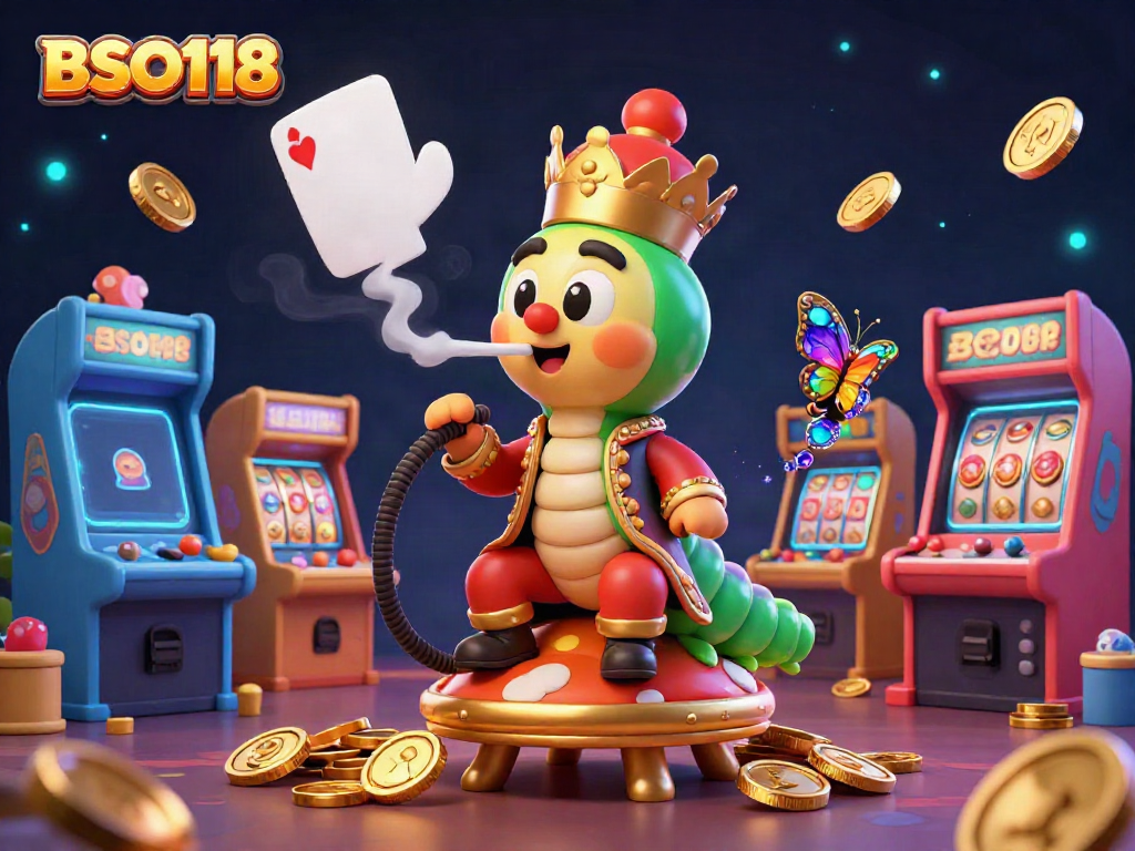 Engage with BSO118's vibrant casino atmosphere featuring a giant caterpillar blow smoke rings, slot reels and arcade machines.