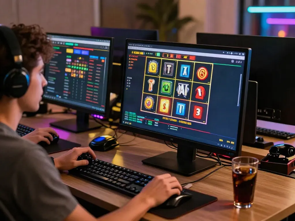 Player enjoying situs slot777 online gaming experience in vibrant home office