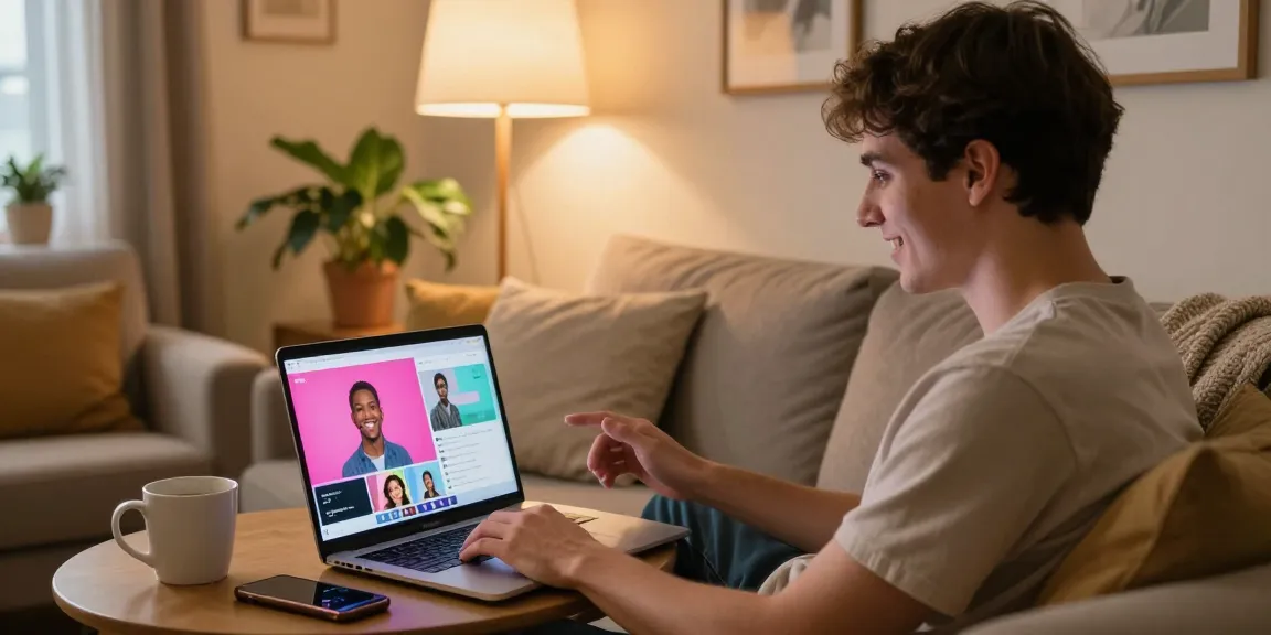 Person enjoying random chat on a laptop in a cozy setting.