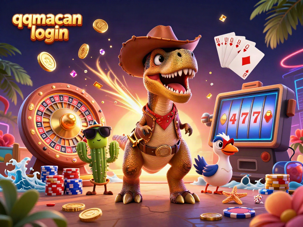 Experience thrilling wins with QQMacan login, featuring vibrant gaming elements and dynamic characters.